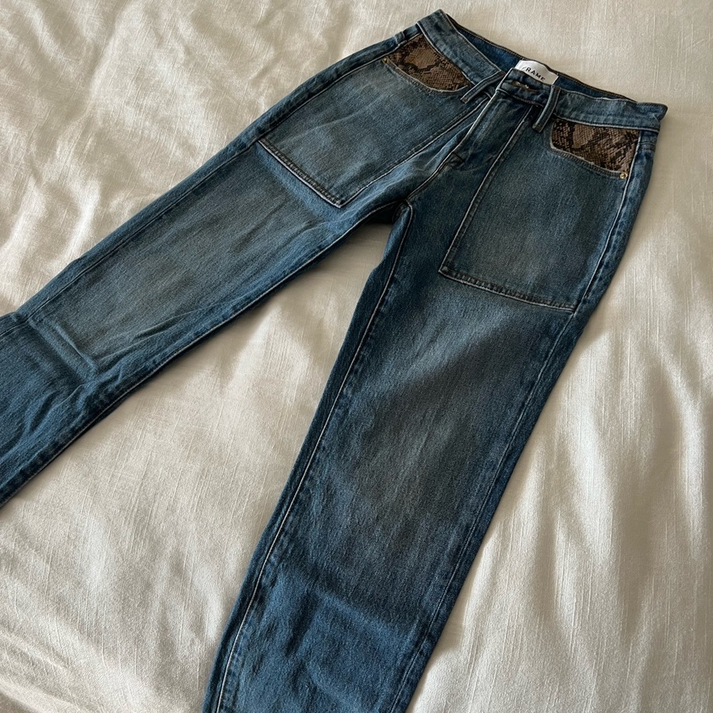 Nwot Frame Le High Straight Python-Print Leather … - image 6